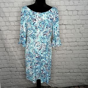 Pappagallo Blue Patterned Paisley Bell Sleeve Dress